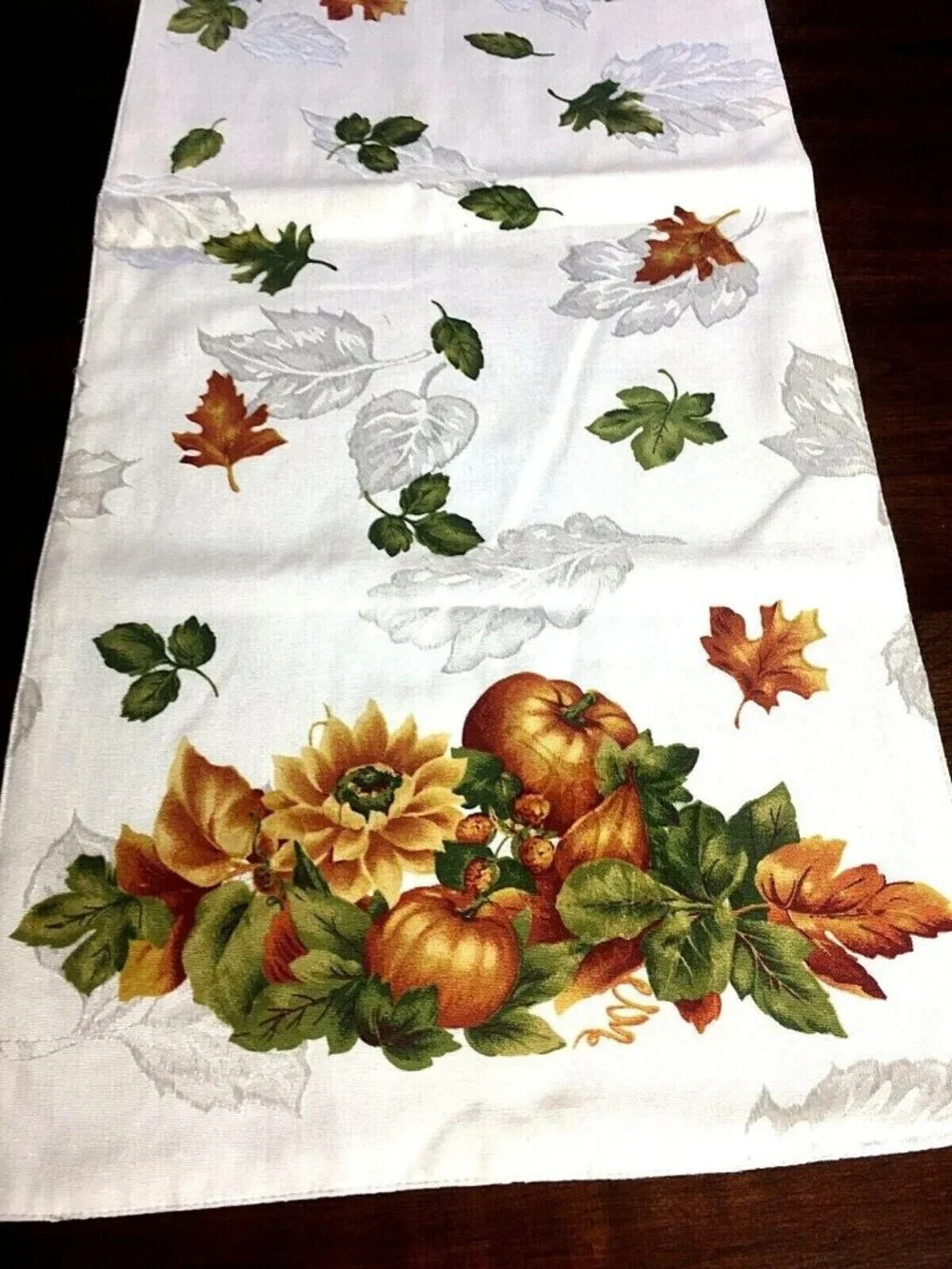 Thanksgiving Fall Table Runner Pumpkins Oak leaves lined 69 x 14